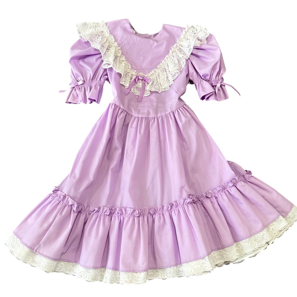 Vintage Mini World Girls Purple Prairie Dress Lace Ruffle Puff Sleeve Lilac XS